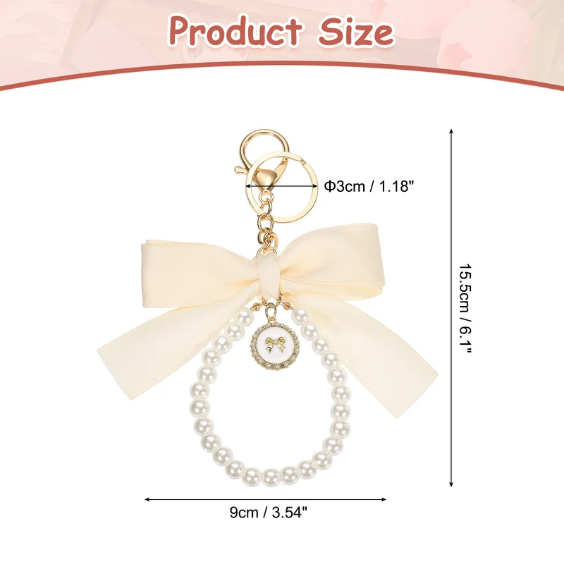 Ribbon Bow Keychain, Cute Pearl Wristlet Keychain Bow Charm, Beige