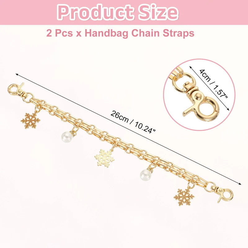 2Pcs 10" Snowflake Pearl Pendant Handbag Chain Straps, Champagne