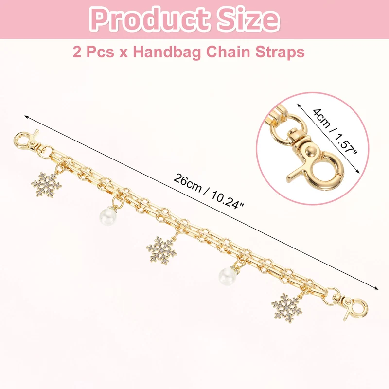 2Pcs 10" Snowflake Pearl Pendant Handbag Chain Straps, Silver Flash