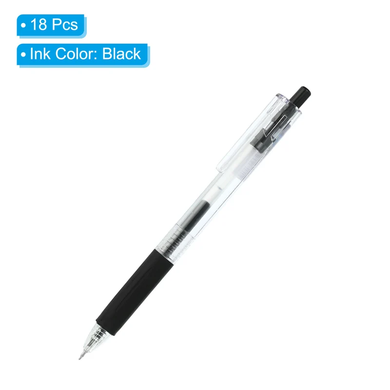 Black Gel Pen,18Pcs Fine Point Clear W Black Soft Grip,0.5mm Roller Ball 140mm