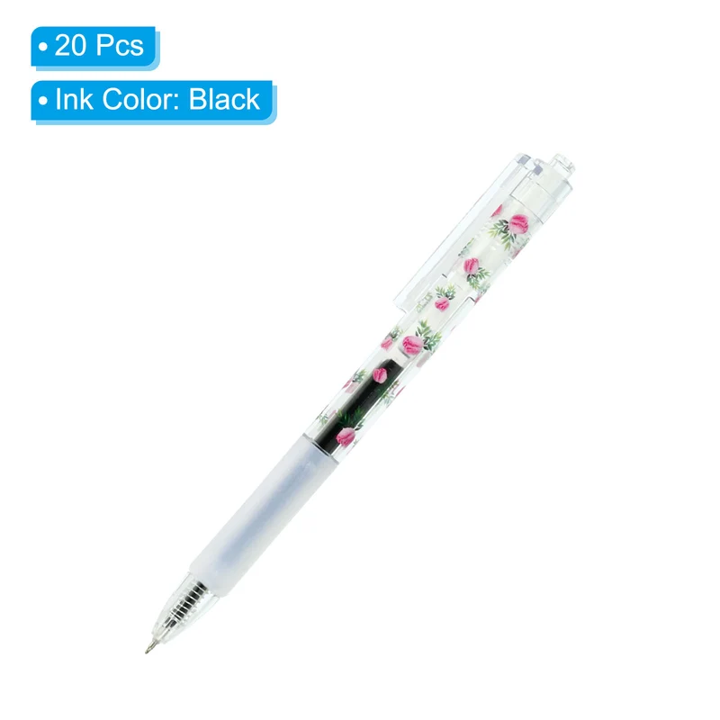 Black Gel Pen,20Pcs Fine Point Flower Rod with Black Soft Grip,0.5mm Roller Ball