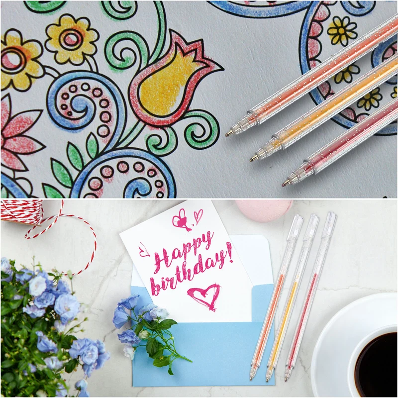 Glitter Gel Pens, 9 Pack Dual Metallic Ink Sparkle Pens 0.8mm Liquid Glitter Iridescent Gel Pen for Coloring Books, Gold Silver White