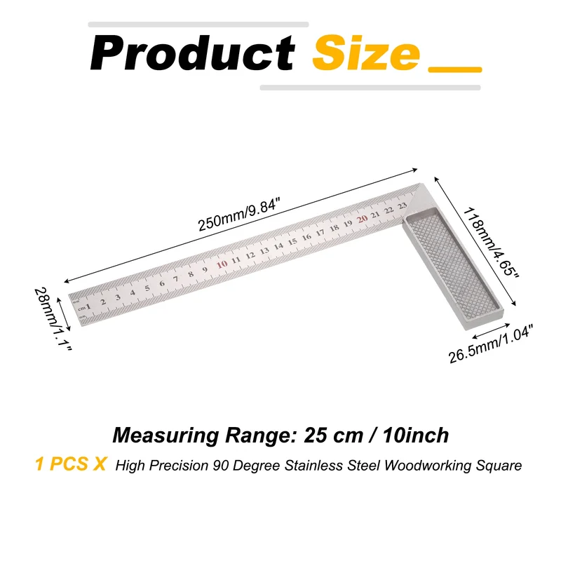 10" High Precision 90 Degree Stainless Steel Woodworking Square, Silver