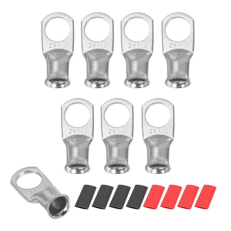 8 Pcs 1/2" Stud 2AWG Battery Lug Ring Terminal with 8pcs Heat Shrink, Silver