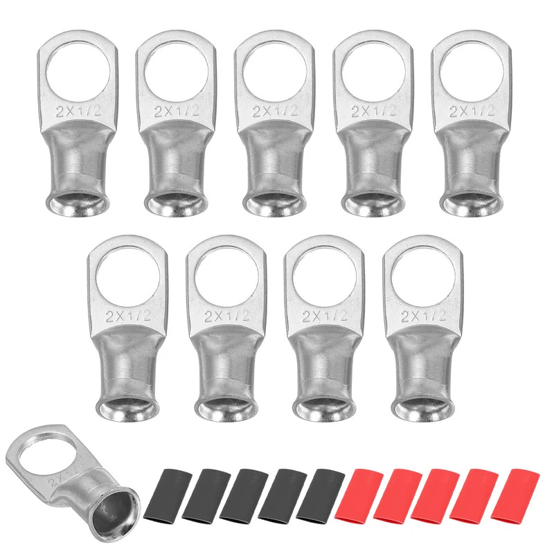 10 Pcs 1/2" Stud 2AWG Battery Lug Ring Terminal with 10pcs Heat Shrink, Silver