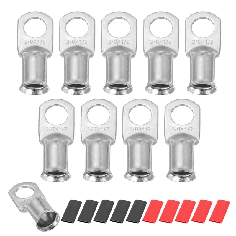 10 Pcs 5/16" Stud 1/0AWG Battery Lug Ring Terminal with 10pcs Heat Shrink,Silver