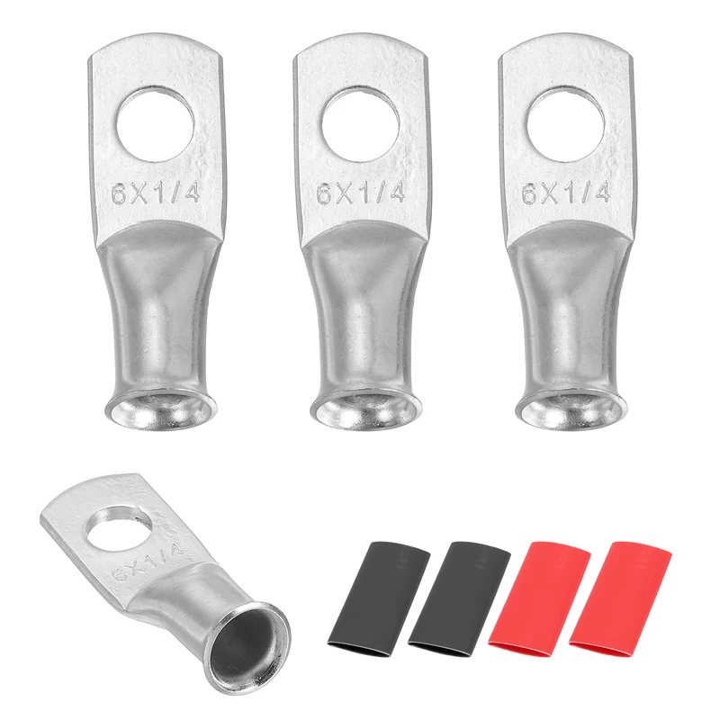 4 Pcs 1/4" Stud 6AWG Battery Lug Ring Terminal with 4pcs Heat Shrink, Silver