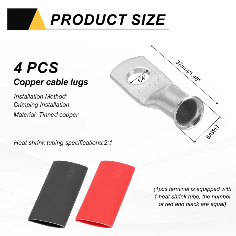 4 Pcs 1/4" Stud 6AWG Battery Lug Ring Terminal with 4pcs Heat Shrink, Silver