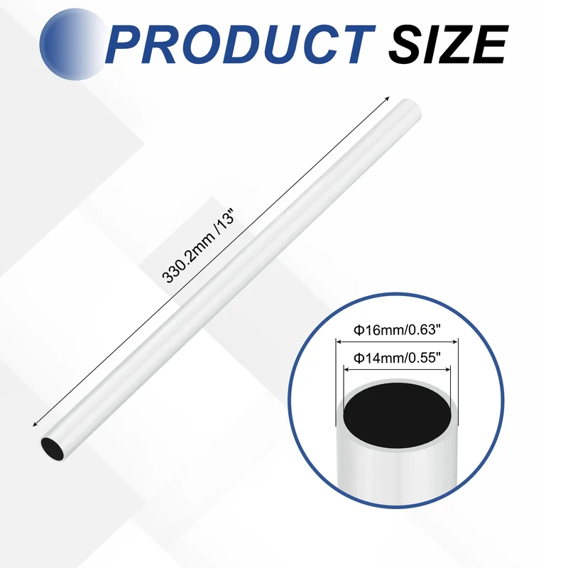 6063 Aluminum Tubing Round Tube 16mm ODx14mm ID 13"Metal Straight Pipe Silver