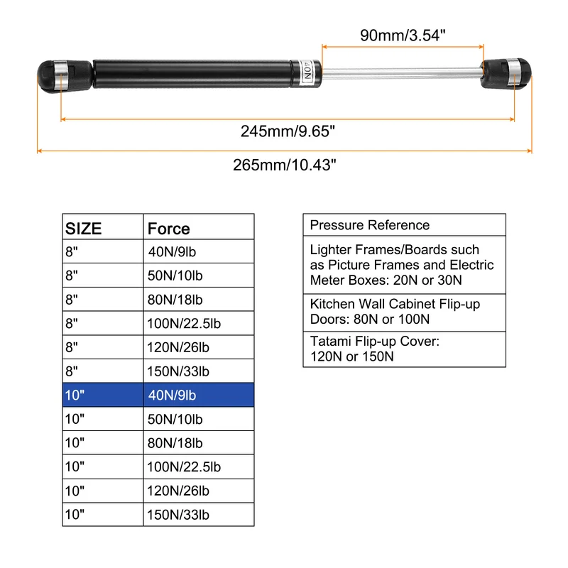 10 Inch 40N/9lb Gas Shock Strut Lift Support, (Black, Set of 10)