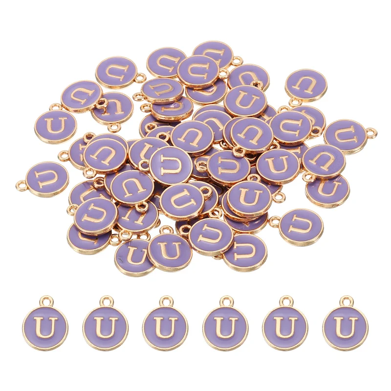 Letter Charm U, 60Pcs Double Sided Alphabet Initial Charm Pendants Beads Purple