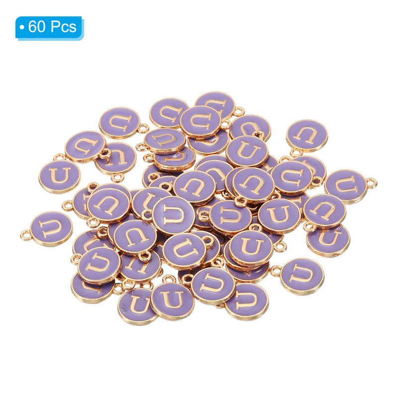 Letter Charm U, 60Pcs Double Sided Alphabet Initial Charm Pendants Beads Purple