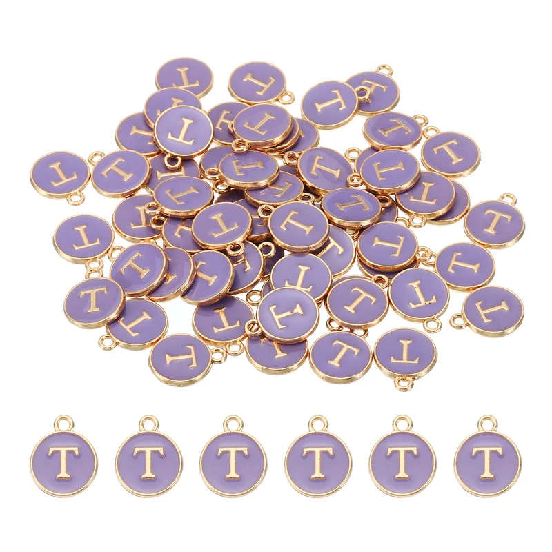 Letter Charm T, 60Pcs Double Sided Alphabet Initial Charm Pendants Beads Purple