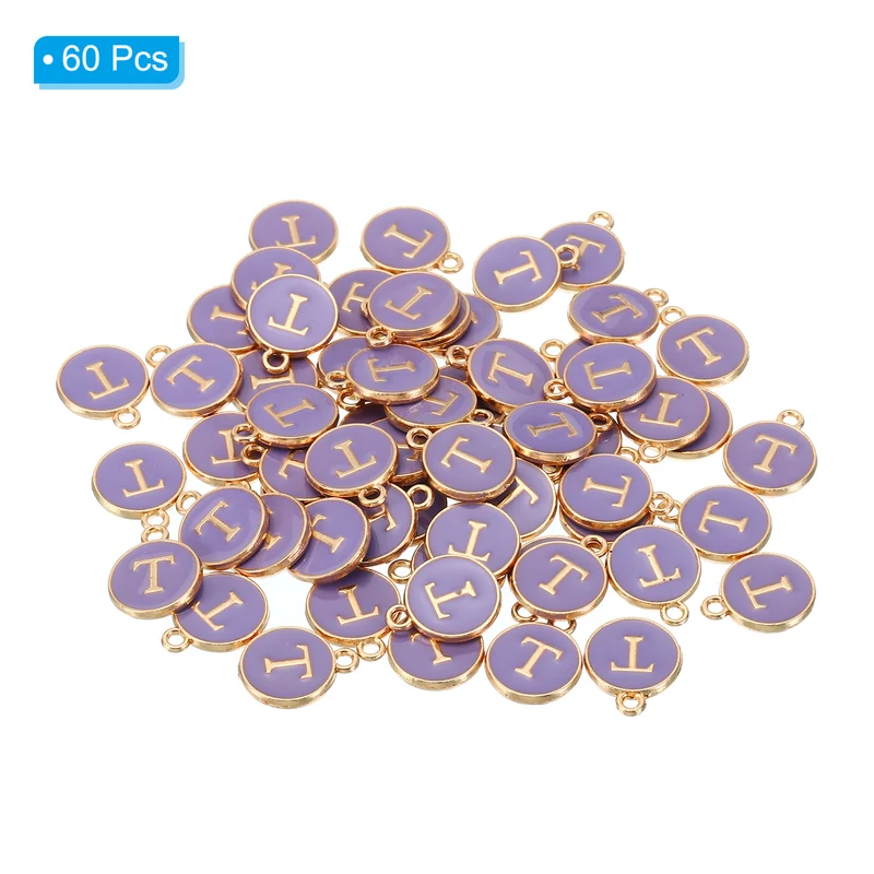 Letter Charm T, 60Pcs Double Sided Alphabet Initial Charm Pendants Beads Purple