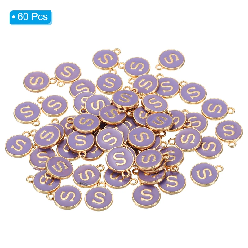 Letter Charm S, 60Pcs Double Sided Alphabet Initial Charm Pendants Beads Purple