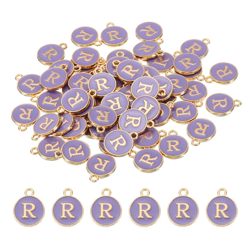 Letter Charm R, 60Pcs Double Sided Alphabet Initial Charm Pendants Beads Purple