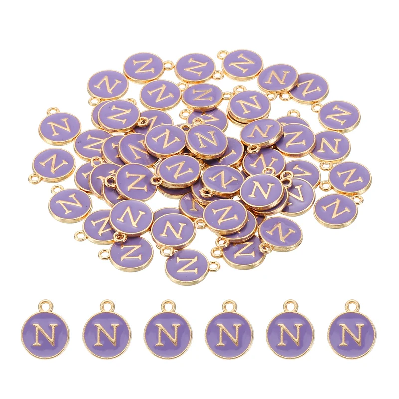 Letter Charm N, 60Pcs Double Sided Alphabet Initial Charm Pendants Beads Purple