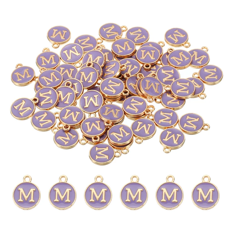 Letter Charm M, 60Pcs Double Sided Alphabet Initial Charm Pendants Beads Purple