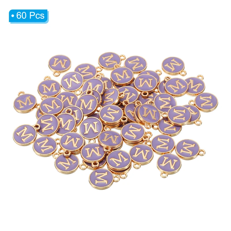 Letter Charm M, 60Pcs Double Sided Alphabet Initial Charm Pendants Beads Purple
