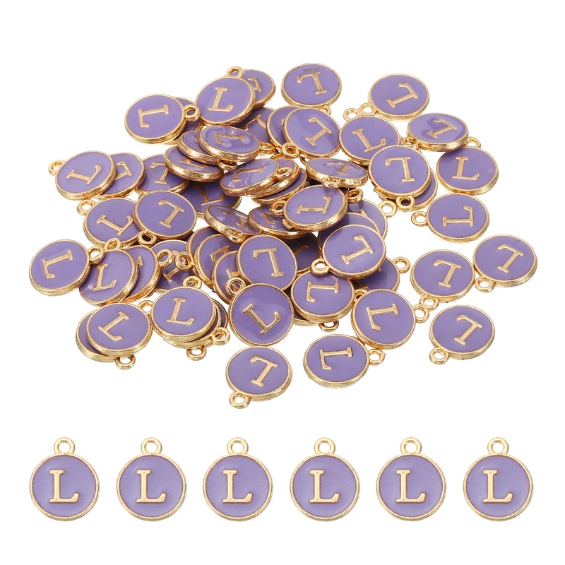 Letter Charm L, 60Pcs Double Sided Alphabet Initial Charm Pendants Beads Purple
