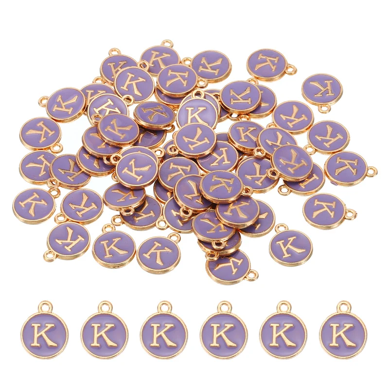 Letter Charm K, 60Pcs Double Sided Alphabet Initial Charm Pendants Beads Purple
