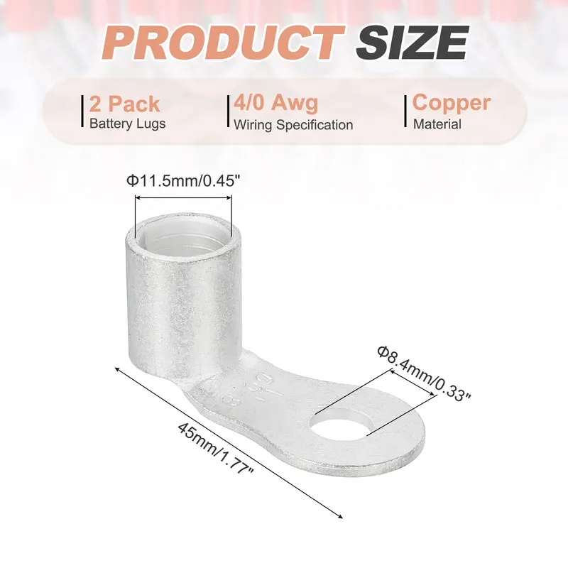 4/0 AWG - 5/16" Copper Wire Lugs, 90 Degree Bent Battery Lugs(Silver, 2Pcs)