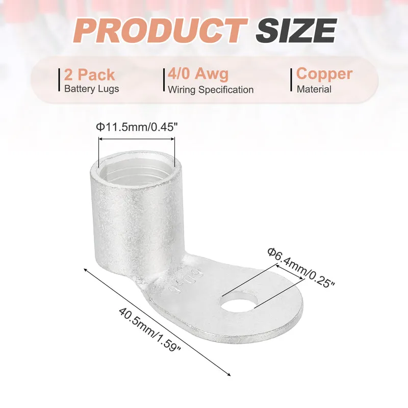 4/0 AWG - 1/4" Copper Wire Lugs, 90 Degree Bent Battery Lugs(Silver, 2Pcs)