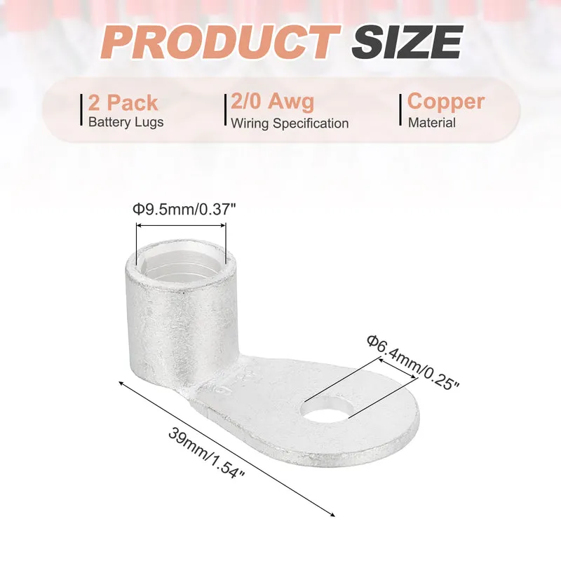 2/0 AWG - 1/4" Copper Wire Lugs, 90 Degree Bent Battery Lugs(Silver, 2Pcs)