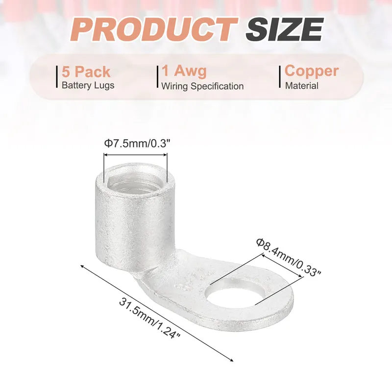 1 AWG - 5/16" Copper Wire Lugs, 90 Degree Bent Battery Lugs(Silver, 5Pcs)