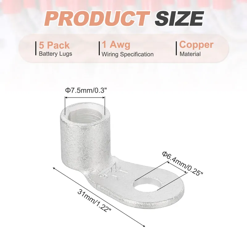 1 AWG - 1/4" Copper Wire Lugs, 90 Degree Bent Battery Lugs(Silver, 5Pcs)