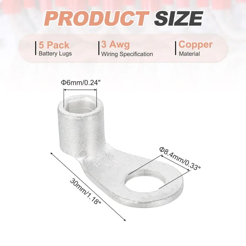 3 AWG - 5/16" Copper Wire Lugs, 90 Degree Bent Battery Lugs(Silver, 5Pcs)