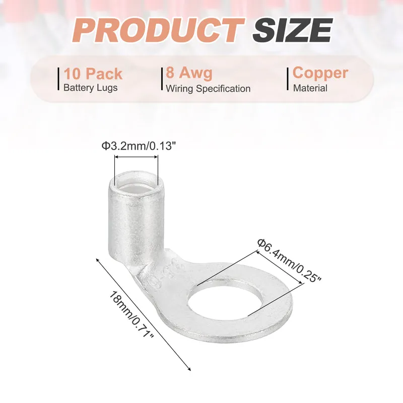 8 AWG - 1/4" Copper Wire Lugs, 90 Degree Bent Battery Lugs(Silver, 10Pcs)