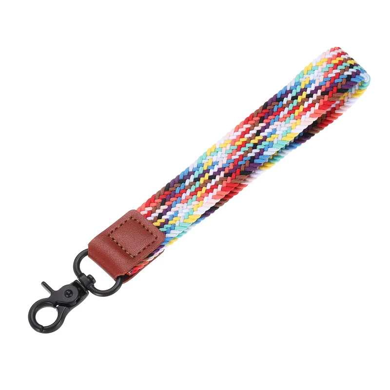 Wrist Lanyard Keychain, Braided Wristlet Strap with Black Clasp, Rainbow