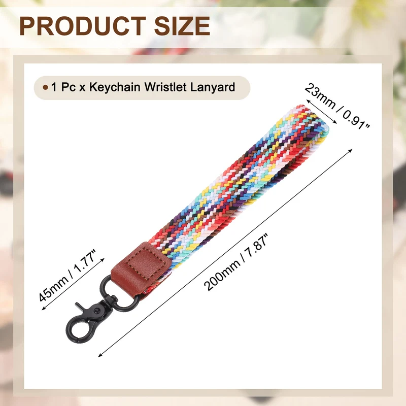 Wrist Lanyard Keychain, Braided Wristlet Strap with Black Clasp, Rainbow