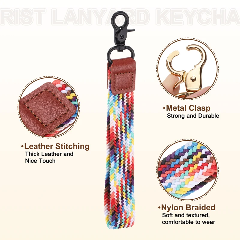 Wrist Lanyard Keychain, Braided Wristlet Strap with Black Clasp, Rainbow