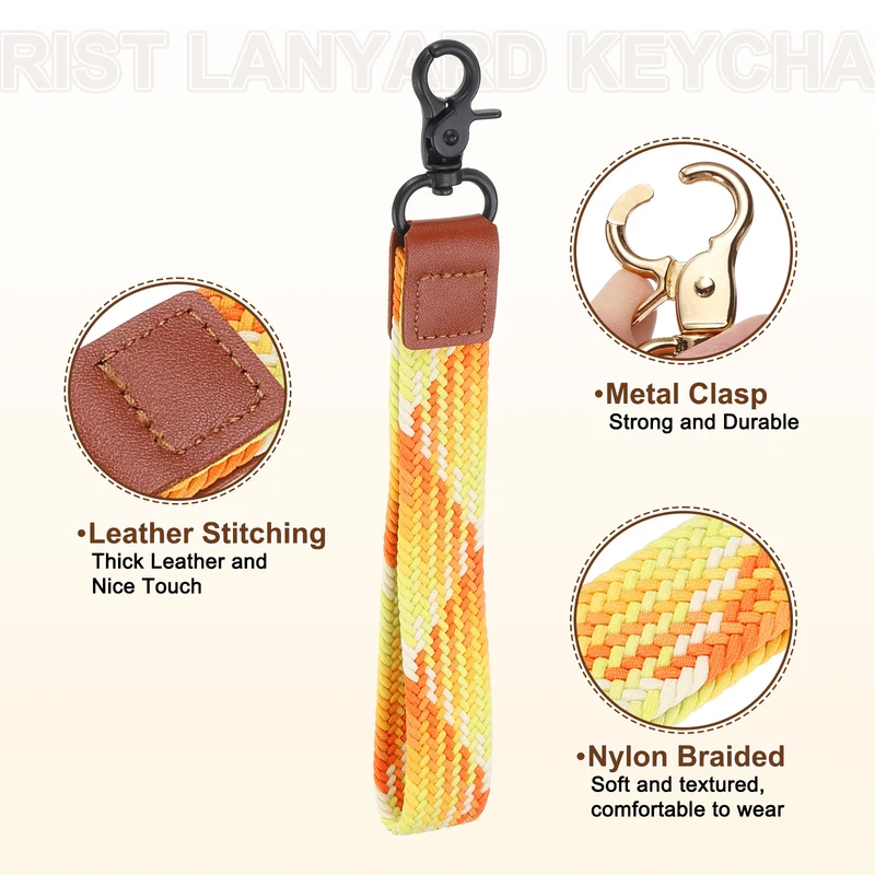 Wrist Lanyard Keychain, Braided Wristlet Strap with Black Clasp, Gradient Orange