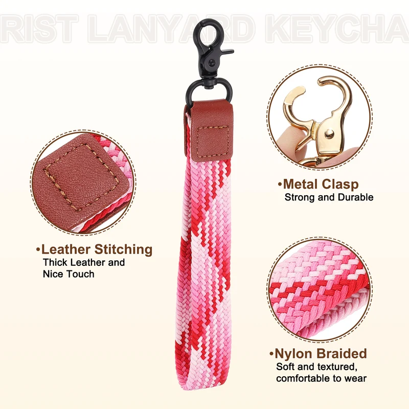 Wrist Lanyard Keychain, Braided Wristlet Strap with Black Clasp, Strawberry Red