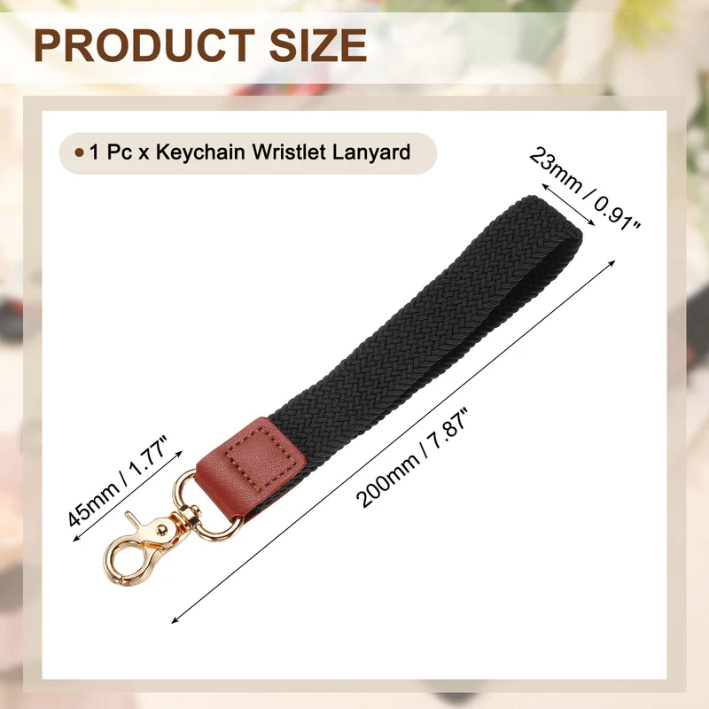 Wrist Lanyard Keychain, Braided Wristlet Strap with Gold Clasp, Black