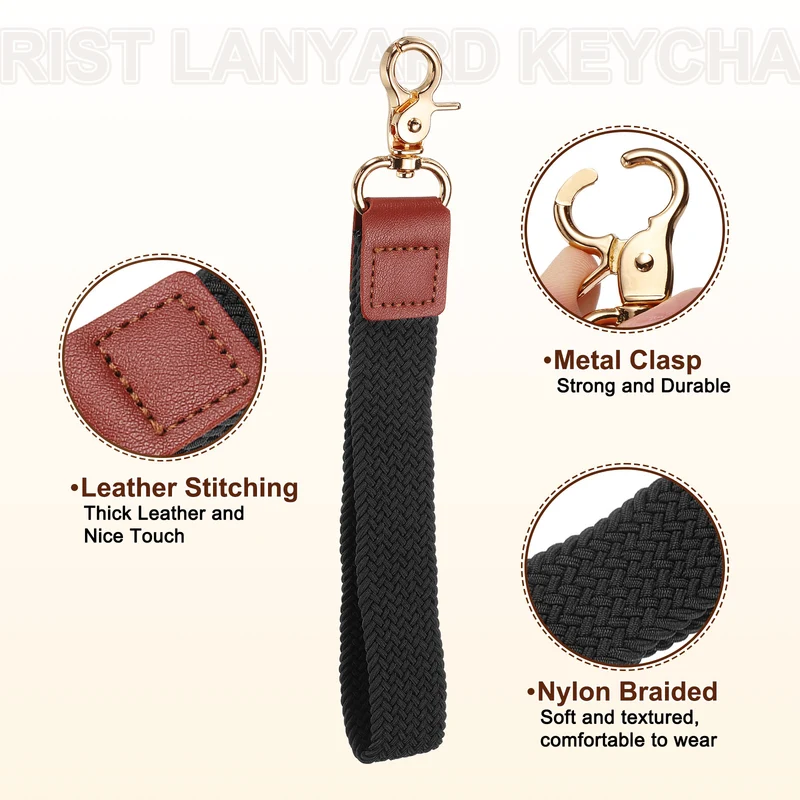 Wrist Lanyard Keychain, Braided Wristlet Strap with Gold Clasp, Black