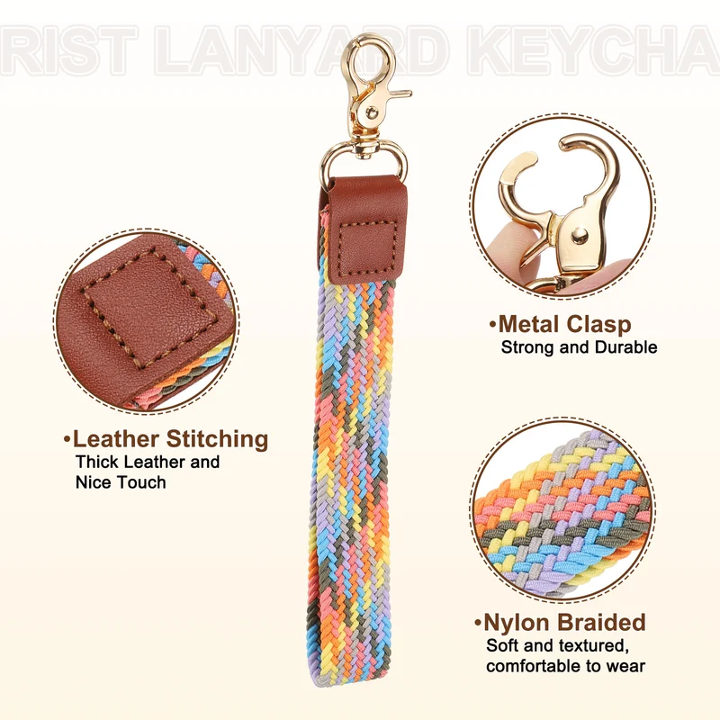 Wrist Lanyard Keychain, Braided Wristlet Strap with Gold Clasp, Colorful Pink