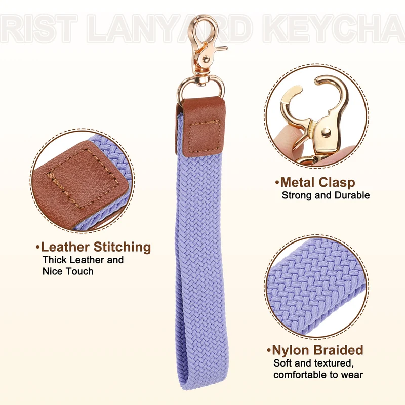 Wrist Lanyard Keychain, Braided Wristlet Strap with Gold Clasp, Light Purple