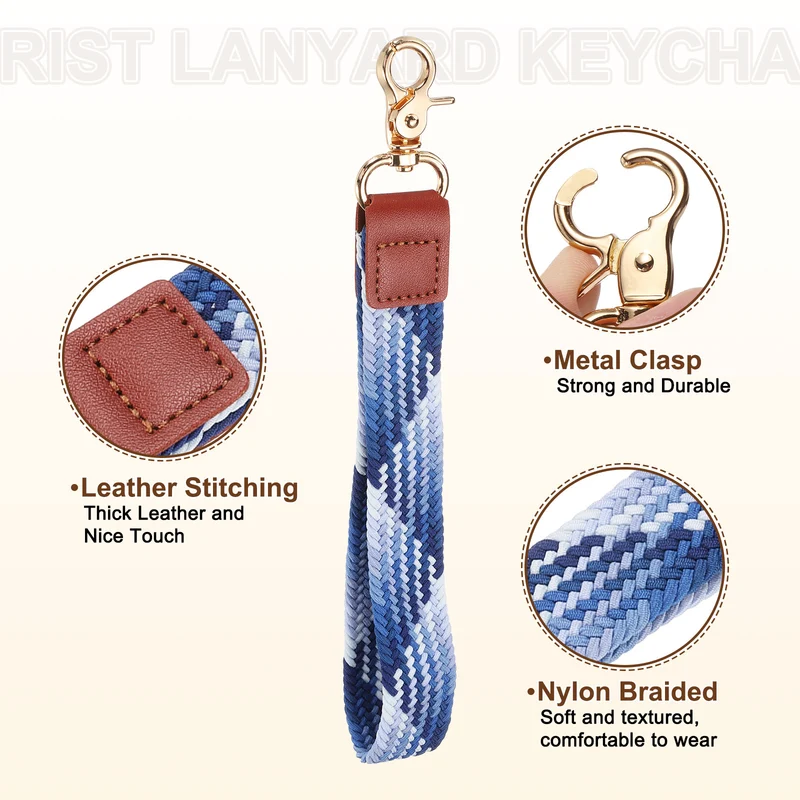 Wrist Lanyard Keychain, Braided Wristlet Strap with Gold Clasp, Blueberry