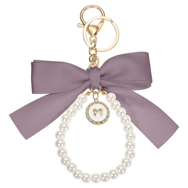 Ribbon Bow Keychain, Cute Pearl Wristlet Keychain Bow Charm, Purple