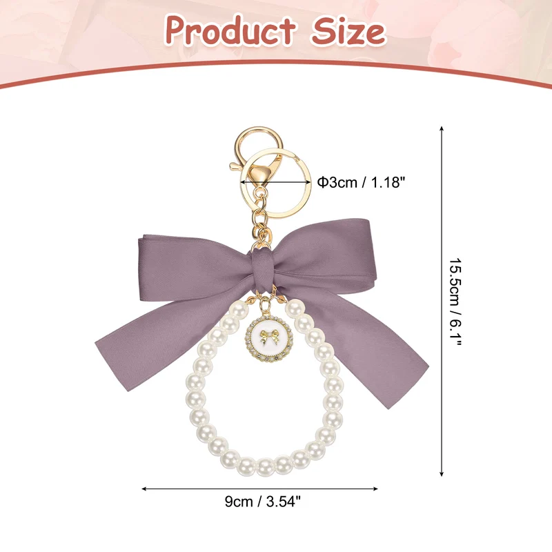 Ribbon Bow Keychain, Cute Pearl Wristlet Keychain Bow Charm, Purple