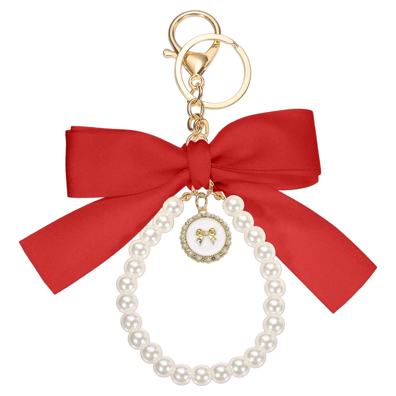 Ribbon Bow Keychain, Cute Pearl Wristlet Keychain Bow Charm, Red