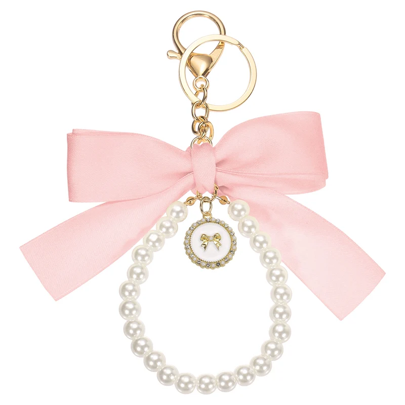 Ribbon Bow Keychain, Cute Pearl Wristlet Keychain Bow Charm, Light Pink