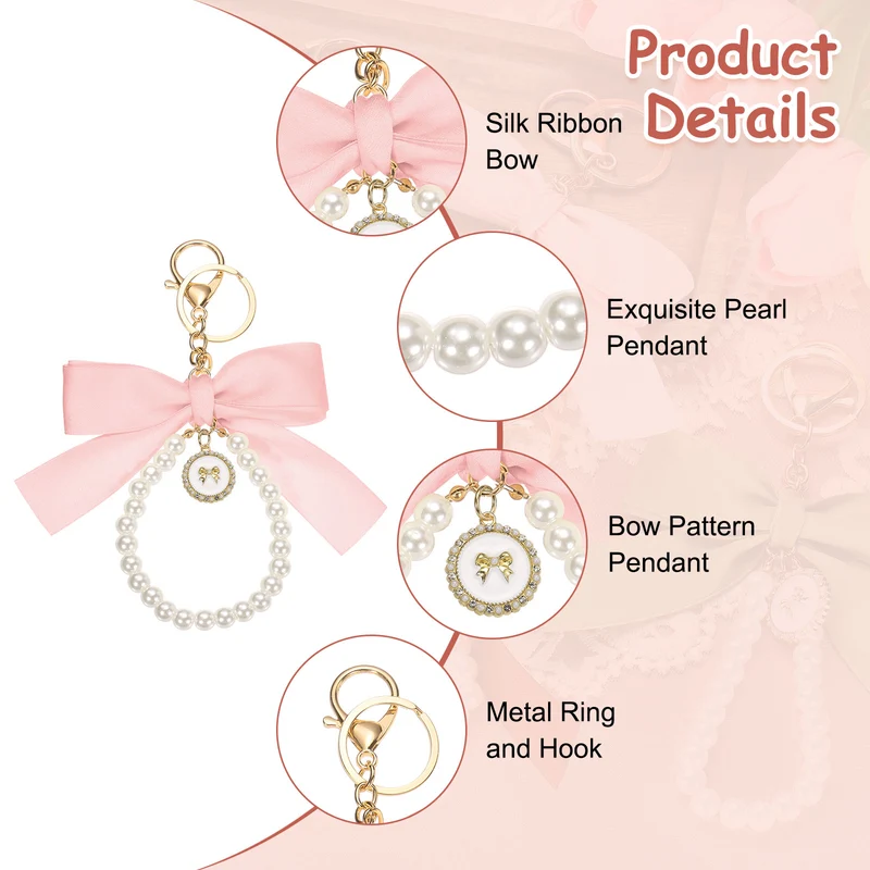 Ribbon Bow Keychain, Cute Pearl Wristlet Keychain Bow Charm, Light Pink