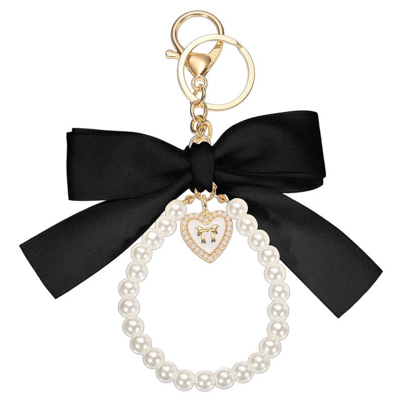 Ribbon Bow Keychain Pearl Wristlet Keychain Heart Pendant Black