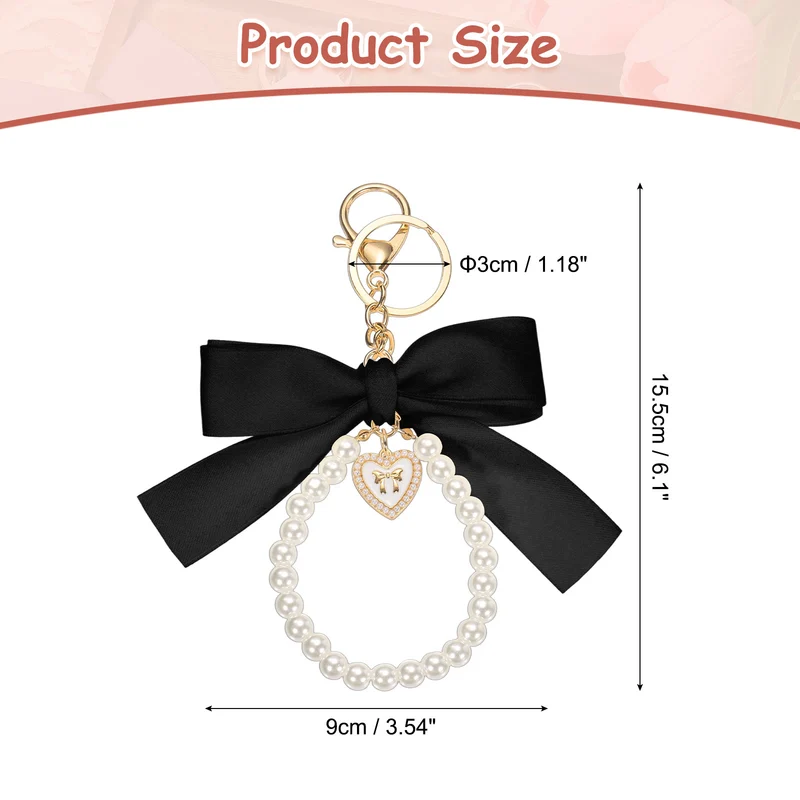 Ribbon Bow Keychain Pearl Wristlet Keychain Heart Pendant Black