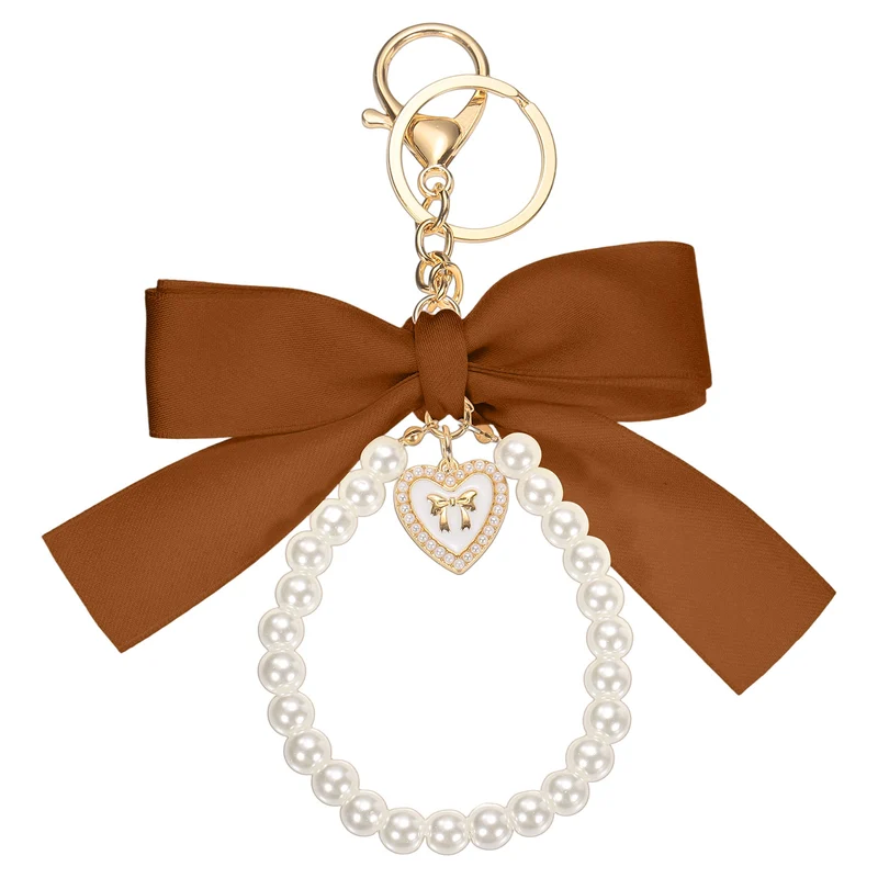 Ribbon Bow Keychain Pearl Wristlet Keychain Heart Pendant, Bronze Gold